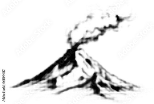 Halftone illustration of erupting volcano with smoke billowing from crater
