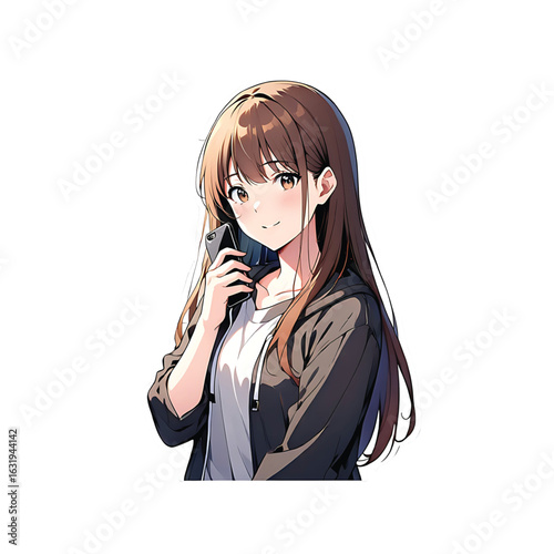 Anime girl with long brown hair holding a phone to her ear looking thoughtfully into the distance with a slight smile digital art illustration