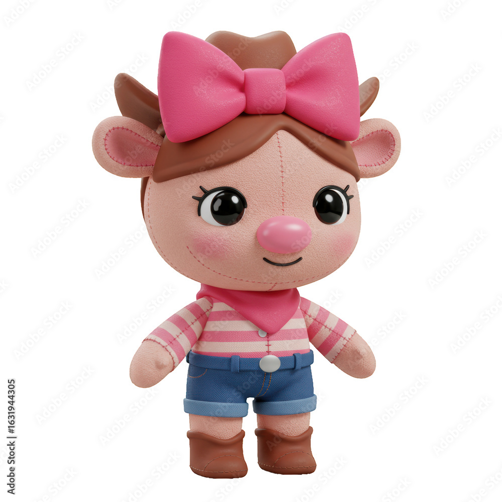 Fototapeta premium A cute cartoon-style deer-like doll with a pink bow, wearing a cowboy hat, striped shirt, shorts, and boots, isolated on a transparent background, png, cutout.