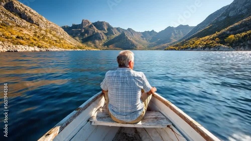 Serene Lake Journey: An older gentleman navigates a tranquil lake in a small boat, embraced by the majestic mountains and a clear blue sky, embodying the essence of peace and contemplation.