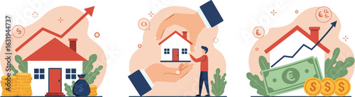 Real estate investment vector illustrations with upward financial graphs, protected house concept, and property value symbols in dollar and euro currencies