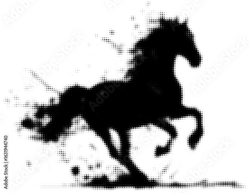 Silhouette of a galloping horse in black and white halftone pattern
