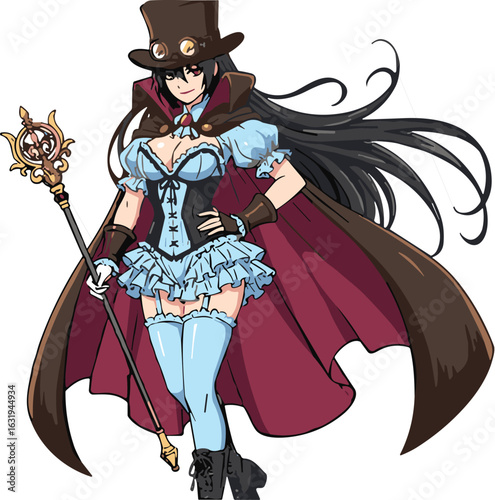 Fantasy character in elaborate costume, light blue corset dress, red cape, ornate staff, top hat, long black hair, magical design