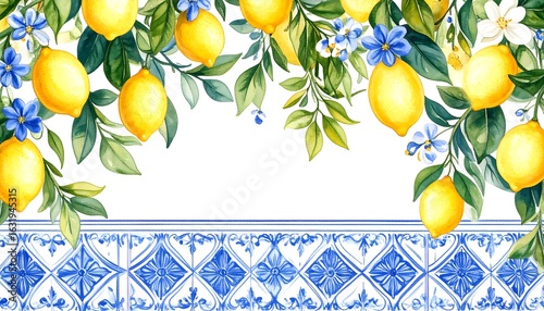 Vibrant watercolor lemons, green leaves, blue flowers, and intricate tilework pattern