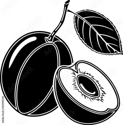 Plum fruit with leaf, black and white icon