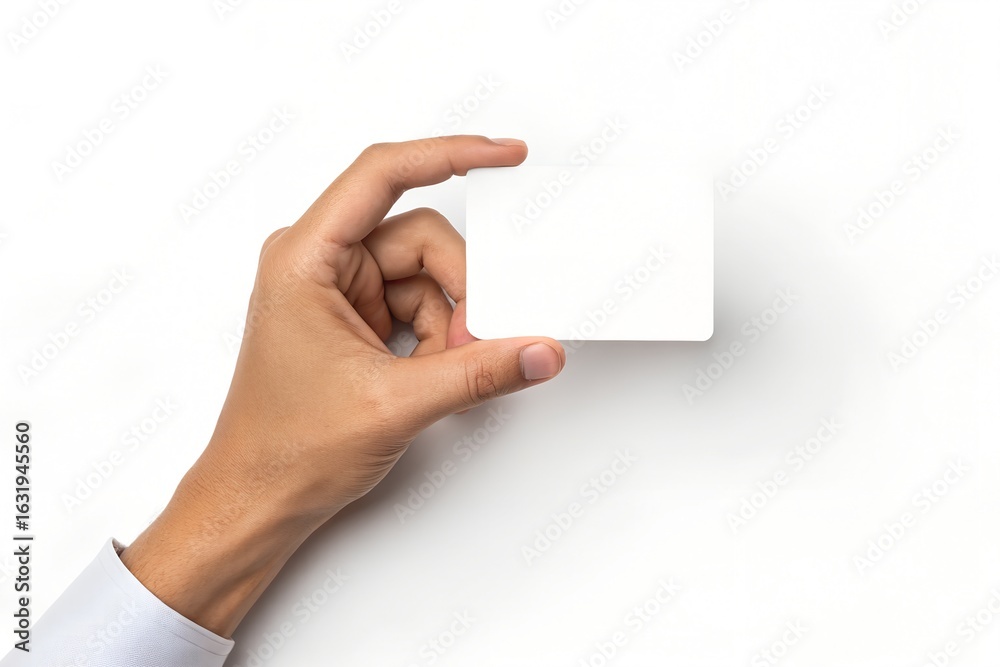 Obraz premium A hand holds a blank white card on white background