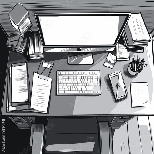 Minimalist Desk Setup with Computer and Stationery