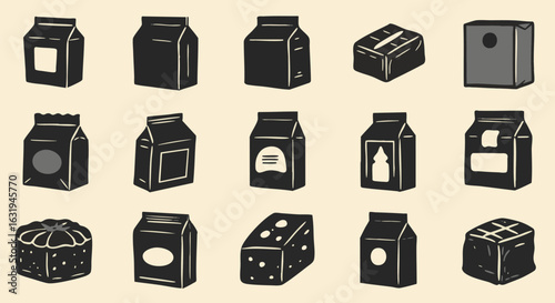 An array of fifteen stylized, dark brown cardboard boxes and cartons, each with unique shapes and label designs, arranged on a light tan background.