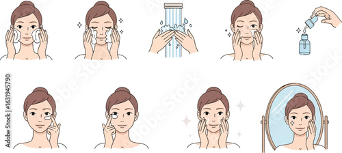 Step-by-step skincare routine vector set featuring cleansing, rinsing, serum, eye cream, moisturizer, facial massage, and self-confidence in flat design