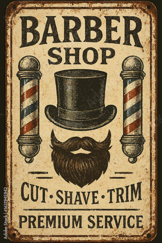 This vintage barber shop sign showcases traditional grooming services and classic style. Vintage vector tin sign with retro text and distressed look
