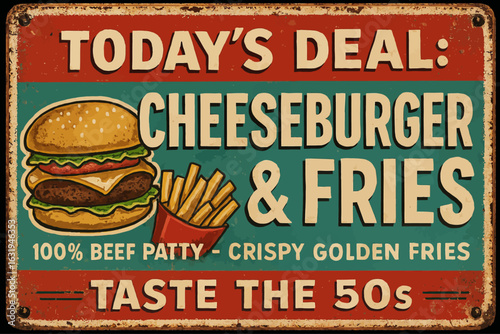 Vintage sign promoting a delicious cheeseburger and fries, inviting you to taste the 50s. Vintage vector tin sign with retro text and distressed look