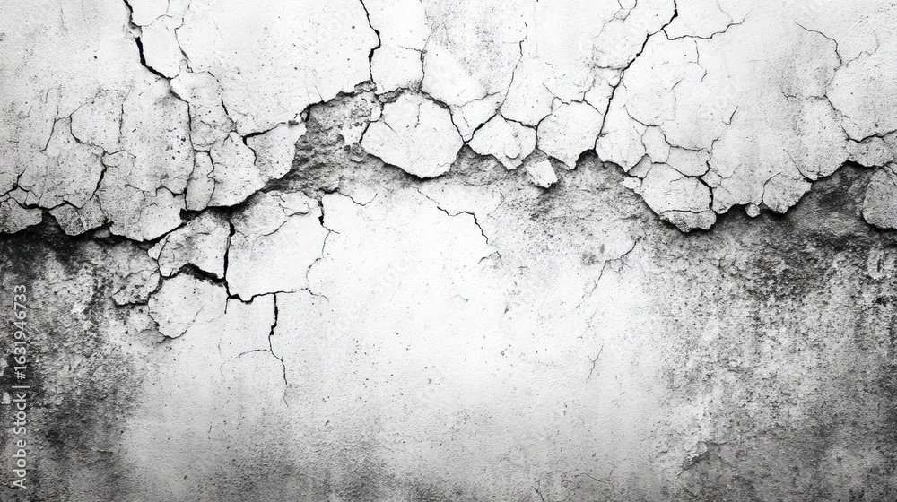 Fototapeta premium Cracked Concrete Wall, A minimalist black and white grunge texture. A detailed, cracked concrete wall with rough, dirty surfaces. Abstract distress overlay concept. High contrast, sharp details.