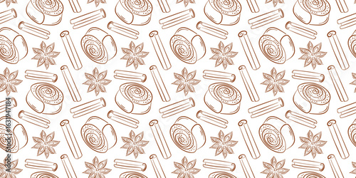 Seamless pattern with cinnamon roll, stick and star anise in line art style. Perfect for bakery packaging, cafe menu background and dessert themed decoration.