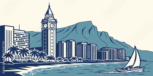 Honolulu Skyline Vector: Diamond Head, Aloha Tower & Waikiki Beach
