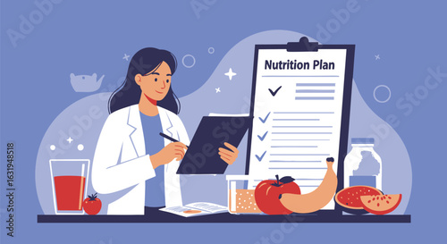 A female nutritionist in a white coat reviews a nutrition plan checklist, surrounded by healthy foods like fruit and juice.