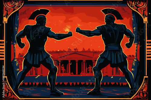 Epic Greek warriors fighting at sunset