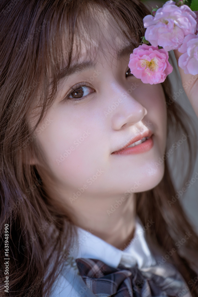 Young woman holding pink flowers with soft expression. Young woman holding pink flowers with soft expression.