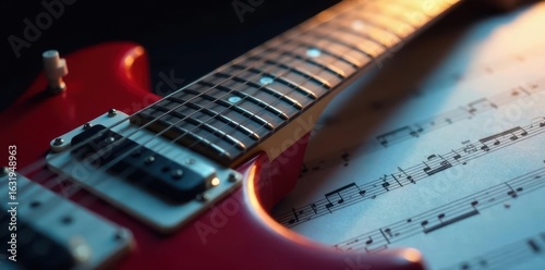 Close-up of electric guitar neck on musical score, lead guitar, rhythm, music education