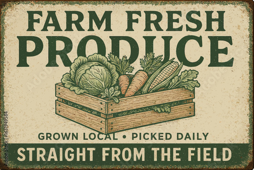 Farm fresh produce sign showcases a wooden crate overflowing with fresh vegetables and crops. Vintage vector tin sign with retro text and distressed look
