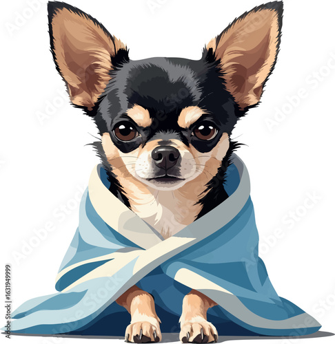 Isometric vector chihuahua shivering under blanket, oversized ears and tiny size, vector-friendly, isolated on white