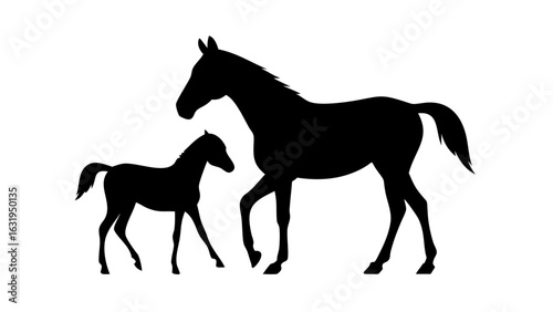 Silhouette of a mare and foal walking together in a simple black and white illustration style image