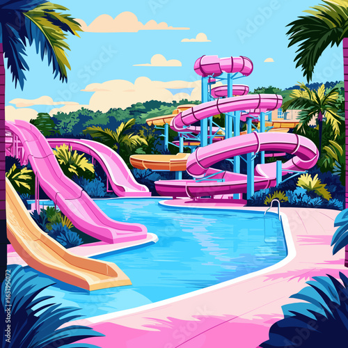 Vibrant Retro Water Park with Slides and Pools