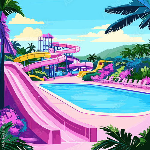 Vibrant Retro Water Park with Slides and Pools