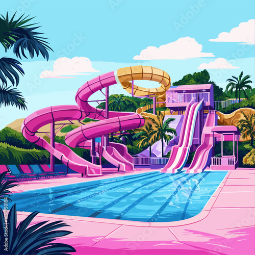 Vibrant Retro Water Park with Slides and Pools