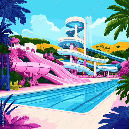 Vibrant Retro Water Park with Slides and Pools