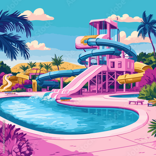 Vibrant Retro Water Park with Slides and Pools