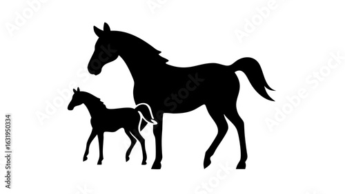 Silhouette of a mare and foal standing next to each other in a black and white illustration vector
