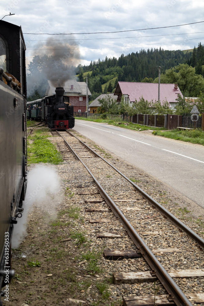 Obraz premium historical mocanita steam train on a narrow-gauge railway track next to a paved road in a rural mountain setting. smoke is coming from the black locomotive 
