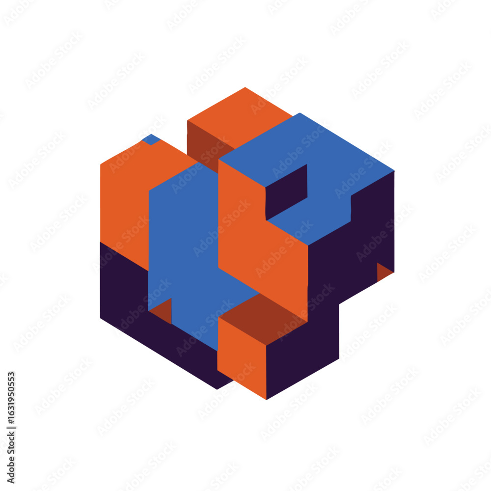 Naklejka premium Abstract Isometric Cube Block with Orange and Blue