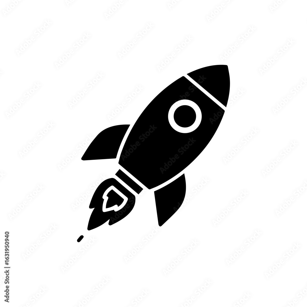 Black Rocket Silhouette with Flames and a Circular Window Ascending Upward. Black Rocket Silhouette with Flames and a Circular Window Ascending Upward.