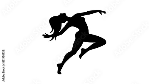 Silhouette of a woman in a dynamic dance pose with her head tilted back and arms outstretched in motion