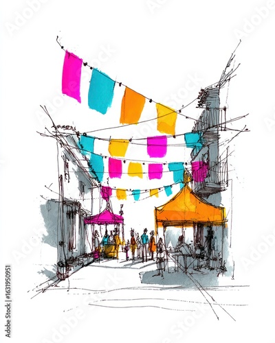 Hand-drawn sketch of a festive street market