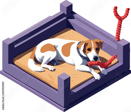 Isometric vector dog lying in pet bed with chew toy, vector-friendly, isolated on white