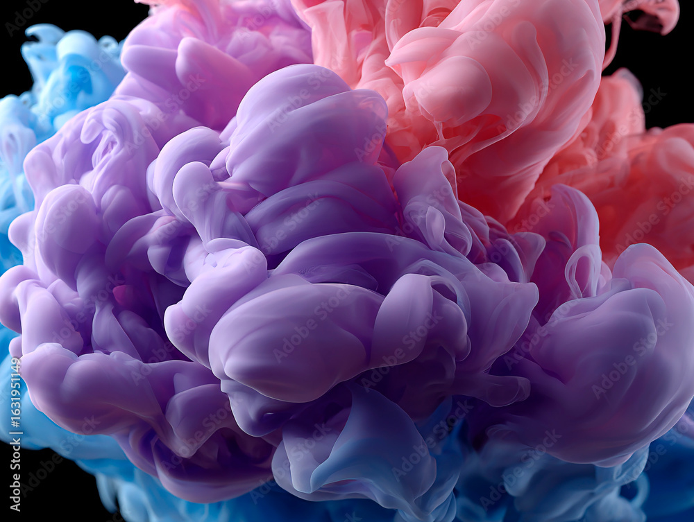 Fototapeta premium Vibrant clouds of purple, pink and blue ink swirling together in water creating soft abstract forms on black background