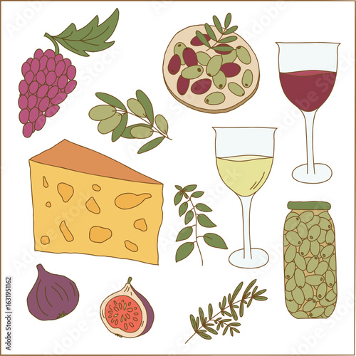 Hand Drawn Mediterranean Wine Cheese Olives and Snacks Illustration Set