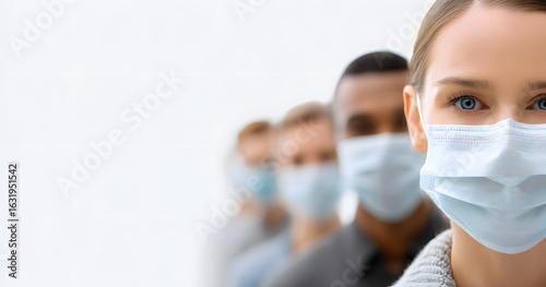 Group portrait of people wearing face masks on a white background with copy space on the left. Created for flu awareness and public safety messages, styled for clean health communication.