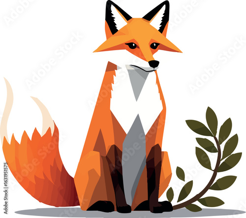Isometric vector fox sitting with bushy tail curled around, triangular face, vector-friendly, isolated on white