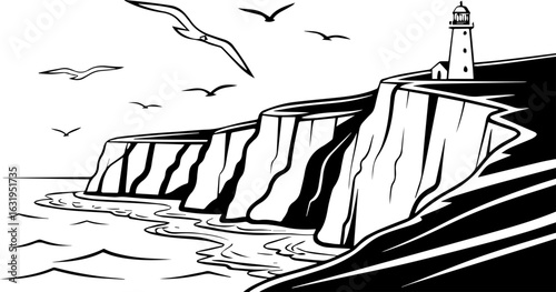 Lighthouse on White Cliffs Over the Sea with Flying Seagulls