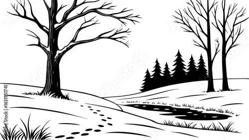 Winter Landscape with Bare Trees and Footprints in the Snow