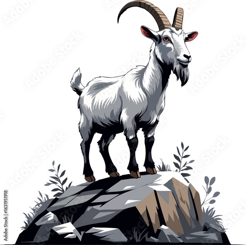 Isometric vector goat standing on a hill rock with beard and horns, vector-friendly, isolated on white