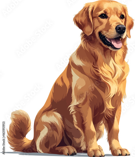 Isometric vector golden retriever sitting with wagging tail and smiling face, vector-friendly, isolated on white