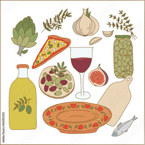 Hand Drawn Mediterranean Vegetables Olives Pizza and Wine Illustration Set