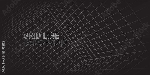 Futuristic perspective grid box. Abstract wireframe with white grid line on black background. Virtual reality landscape in 80s 90s digital style