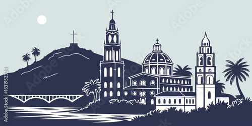 Riverside Cityscape Vector Art - Mission Inn & Mount Rubidoux