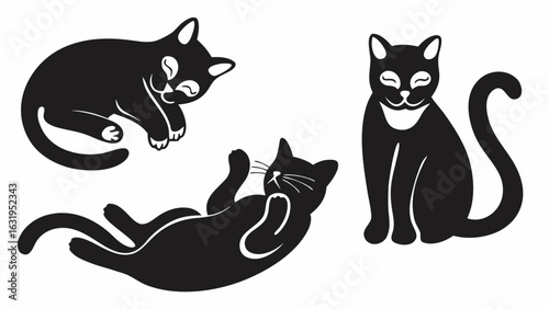 Three black cats in various poses sleeping lying down and sitting with a white background design vector