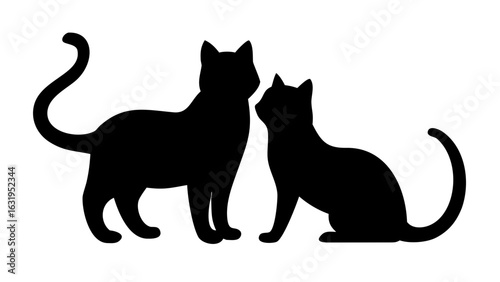 Silhouette illustration of two cats one standing and the other sitting with their tails raised high up